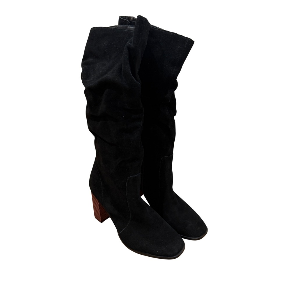 Splendid Gladis Boots Women 8.5 Black Suede Slouchy Knee High Stacked Block Heel